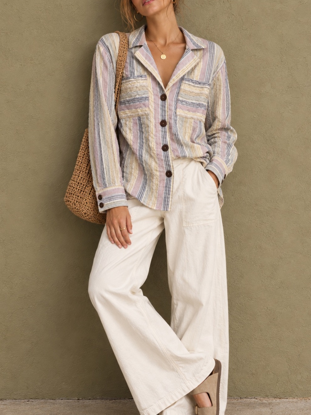 Free People High Tide Striped Crinkle Cotton Button Down Shirt